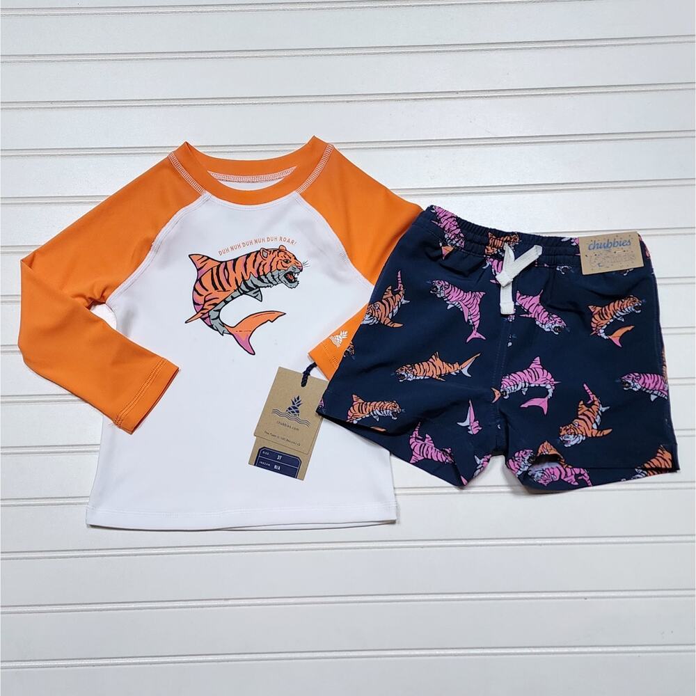 NWT Chubbies King of the Seas Tiger Shark Swim Trunks & Rashguard Set Size 3T